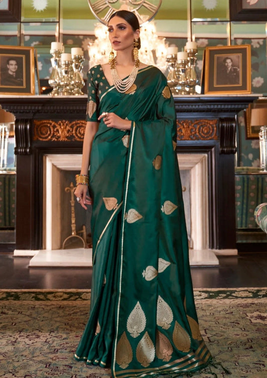 Pure handloom banarasi satin silk green saree blouse.