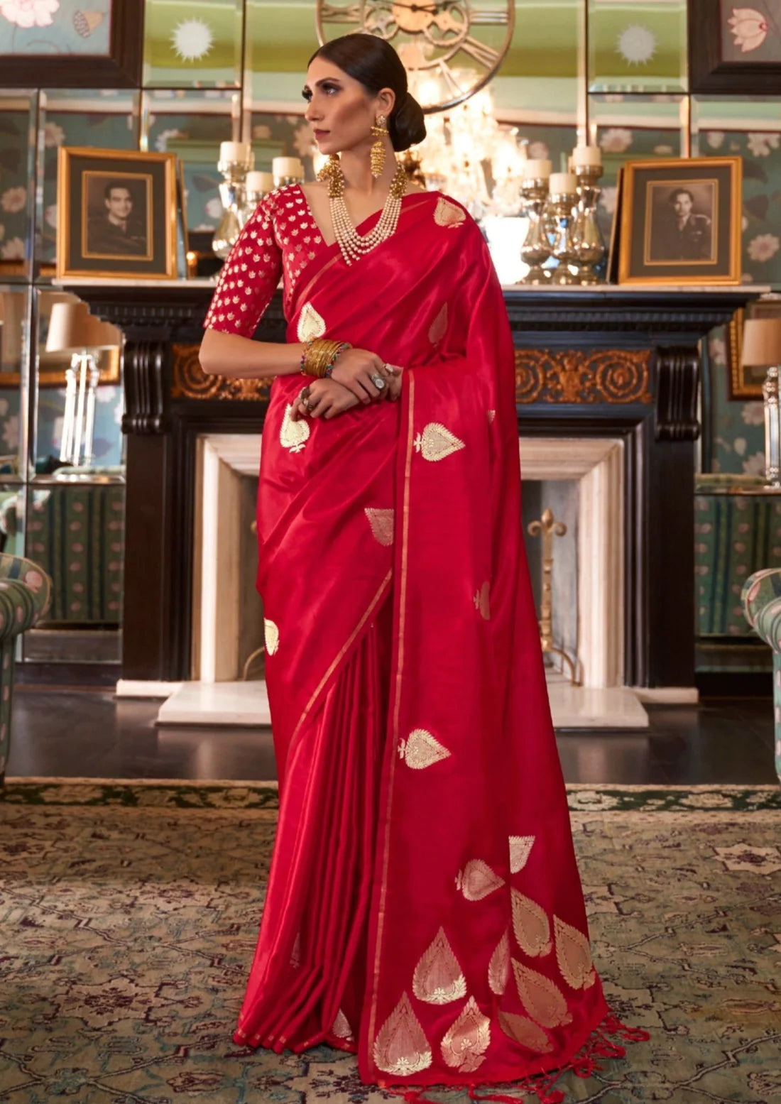 Pure handloom banarasi satin silk red bridal saree blouse online.