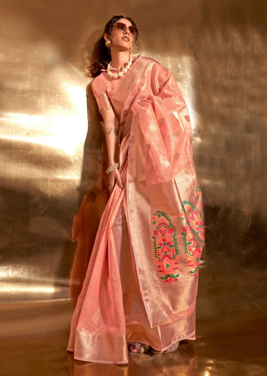 Pure handloom banarasi tissue silk peach saree.