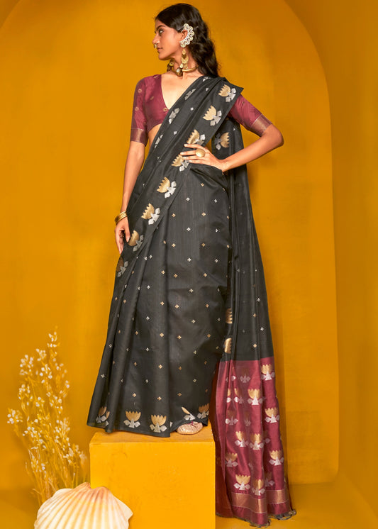 Pure handloom black tussar silk saree online shopping for wedding function at best price.