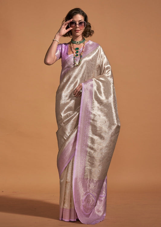 Pure handloom dual tone kanjivaram silk cream lavender saree.