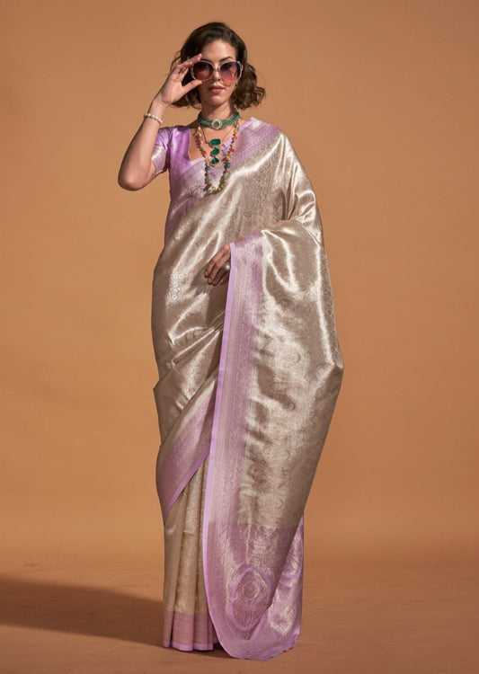 Pure handloom kanjivaram silk cream zari work saree online india usa uk for wedding.