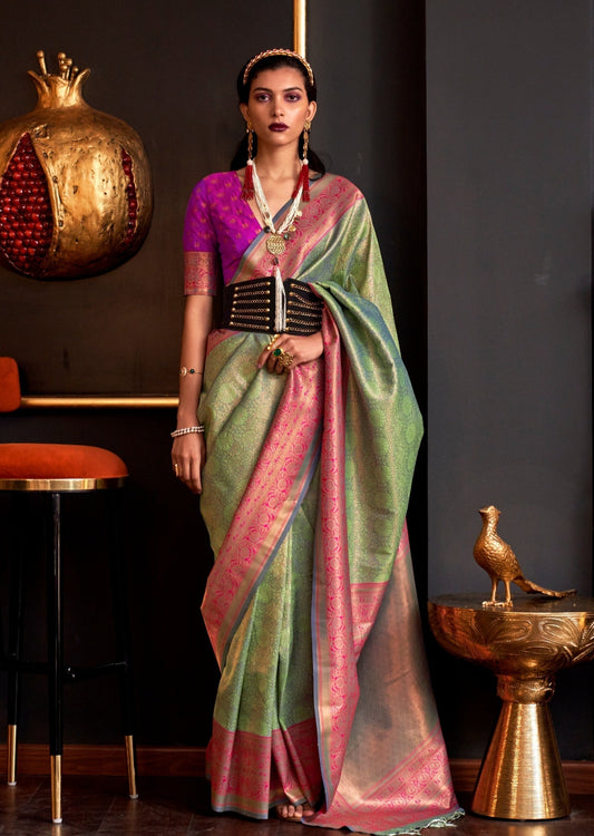Pure handloom kanjivaram silk green saree contrast pink blouse online.