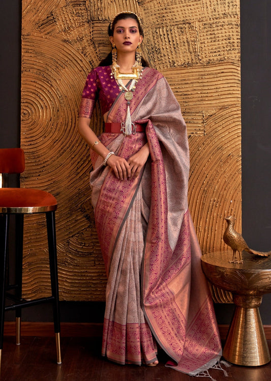 Pure handloom kanjivaram silk grey saree with contrast maroon red blouse.