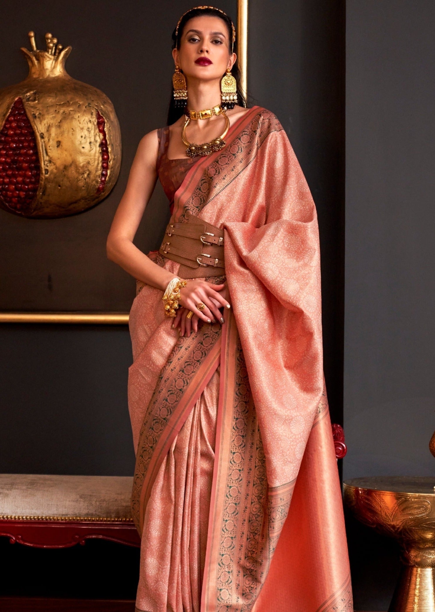 Pure handloom kanjivaram silk peach saree with contrast blouse.