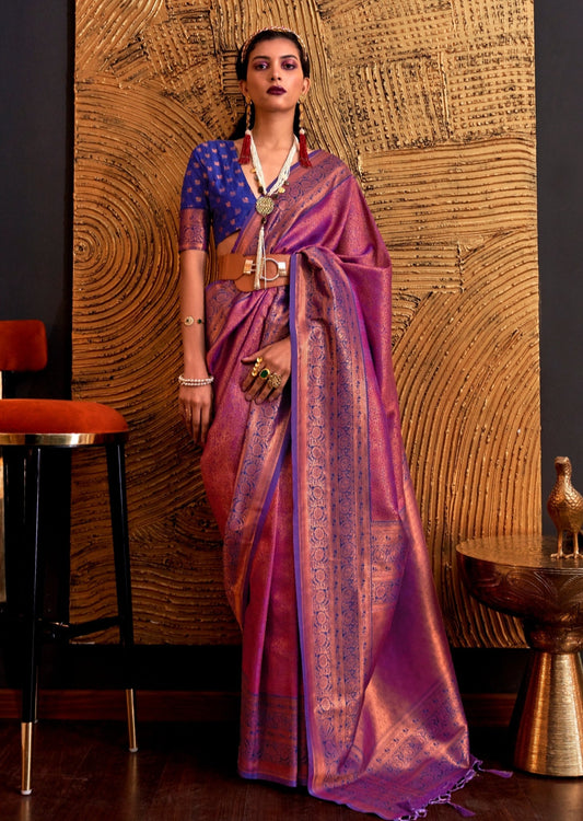 Pure handloom kanjivaram silk pink saree contrast blue blouse.
