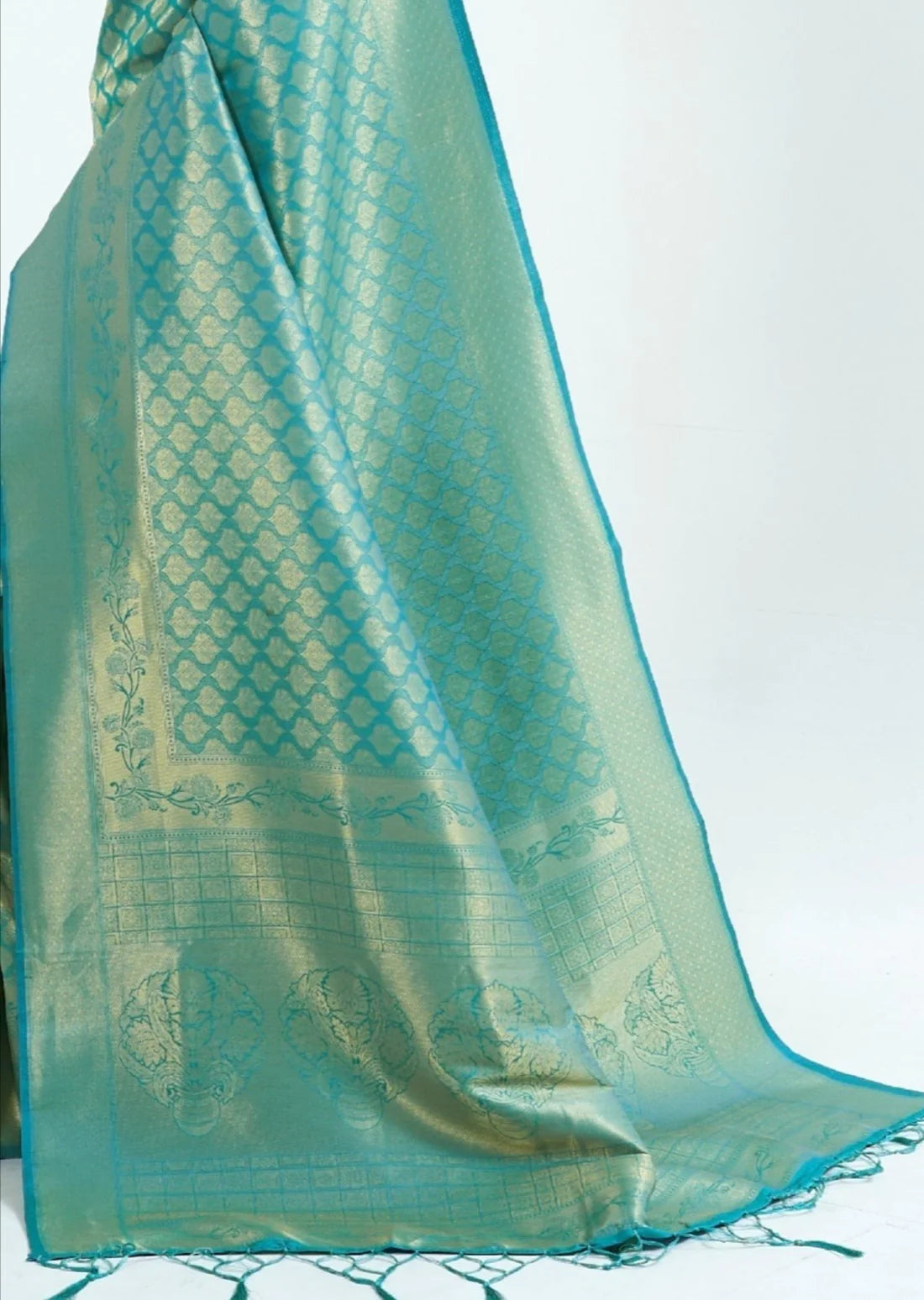 Pure Handloom Kanjivaram Silk Turquoise Blue Saree
