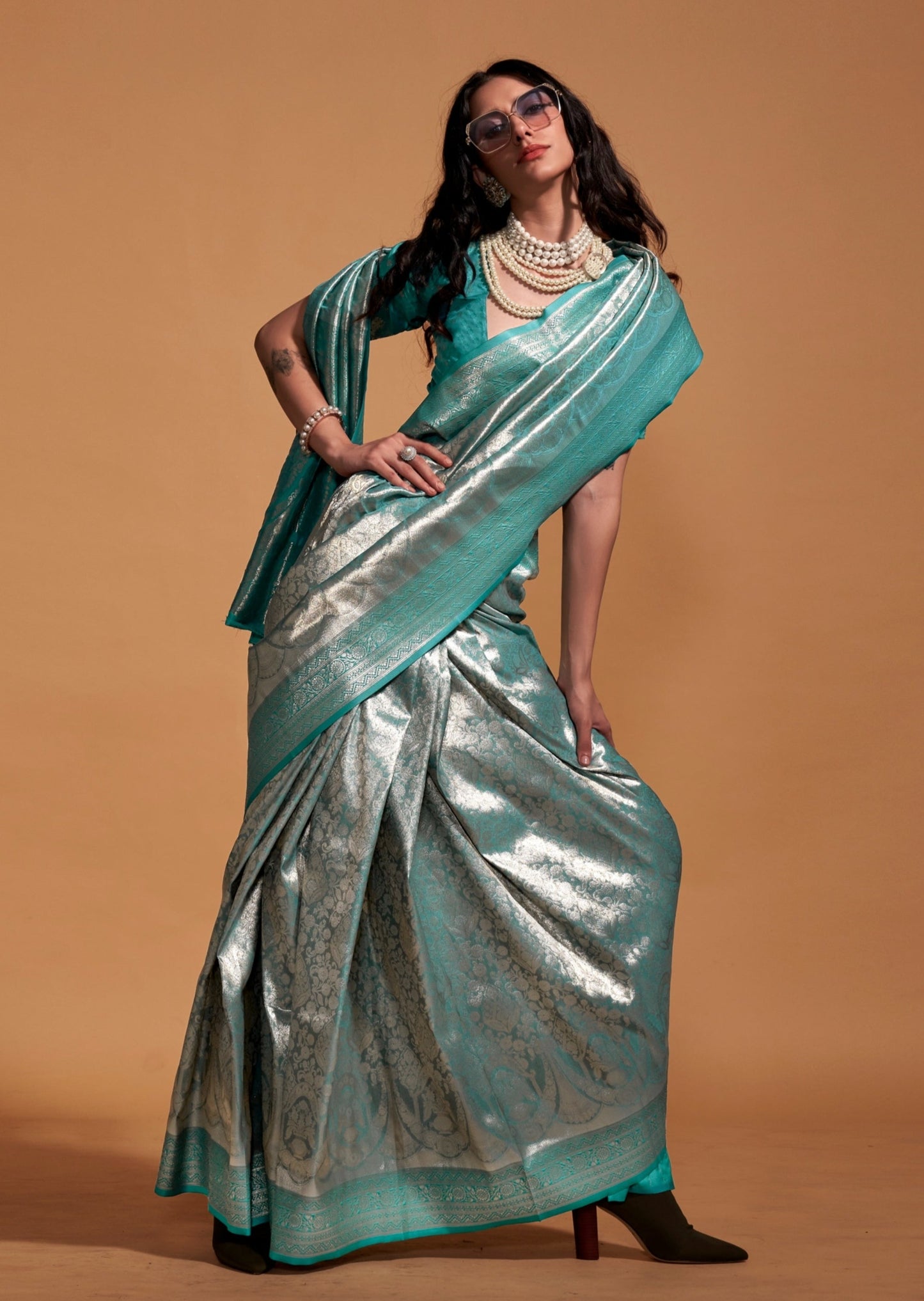 Pure Handloom Kanjivaram Silk Teal Blue Bridal Saree (Green Undertone)