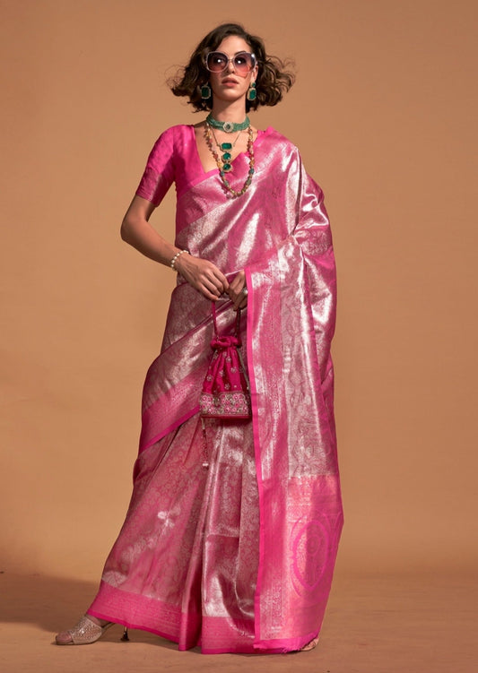Pure handloom kanjivaram silk zari work pink bridal saree online india usa uk uae.
