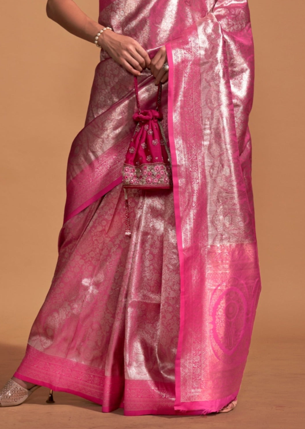 Pure handloom kanjivaram silk zari work pink saree online india usa uk uae for bride.