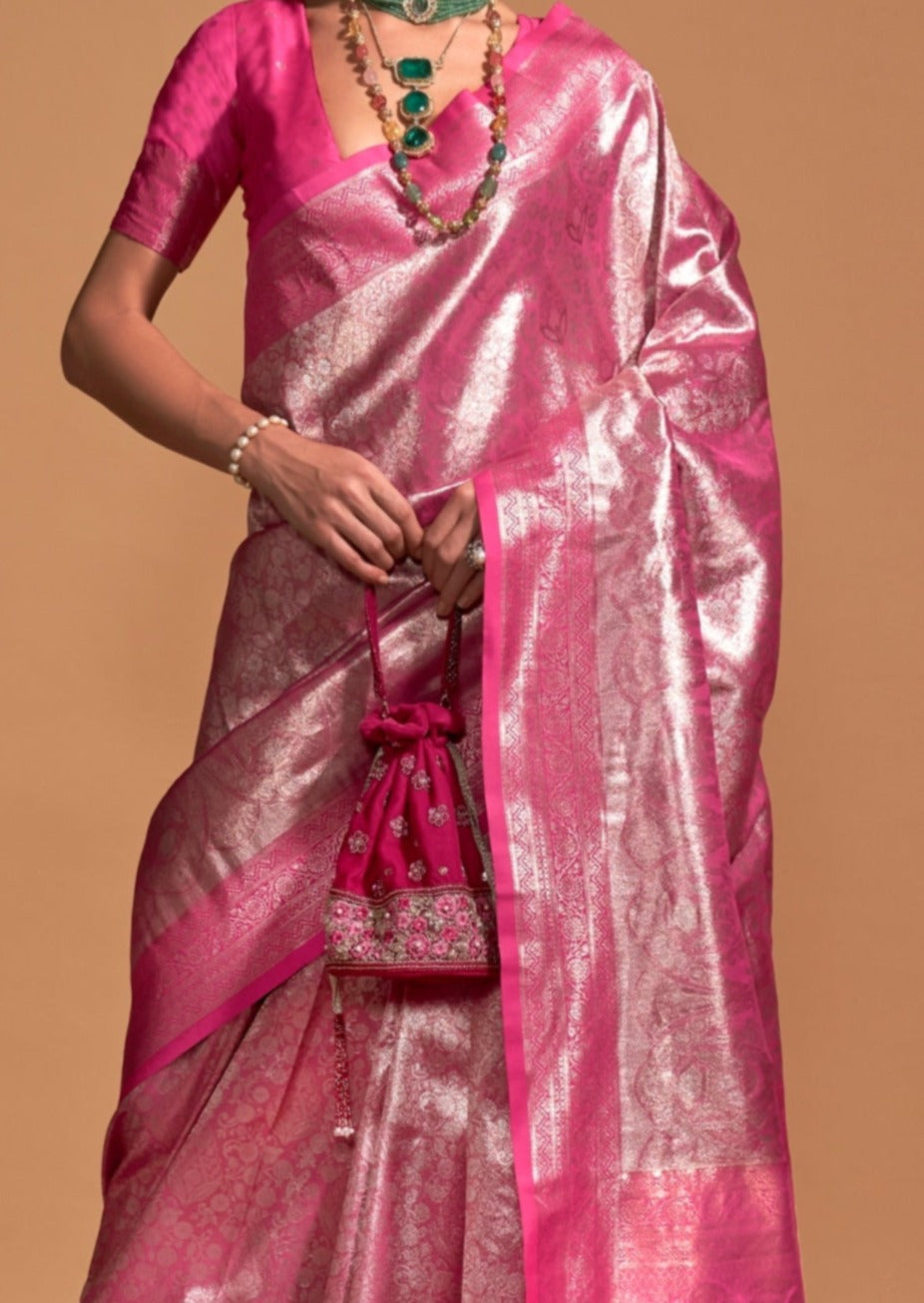 Pure handloom kanjivaram silk zari work pink wedding saree online india usa uk uae.