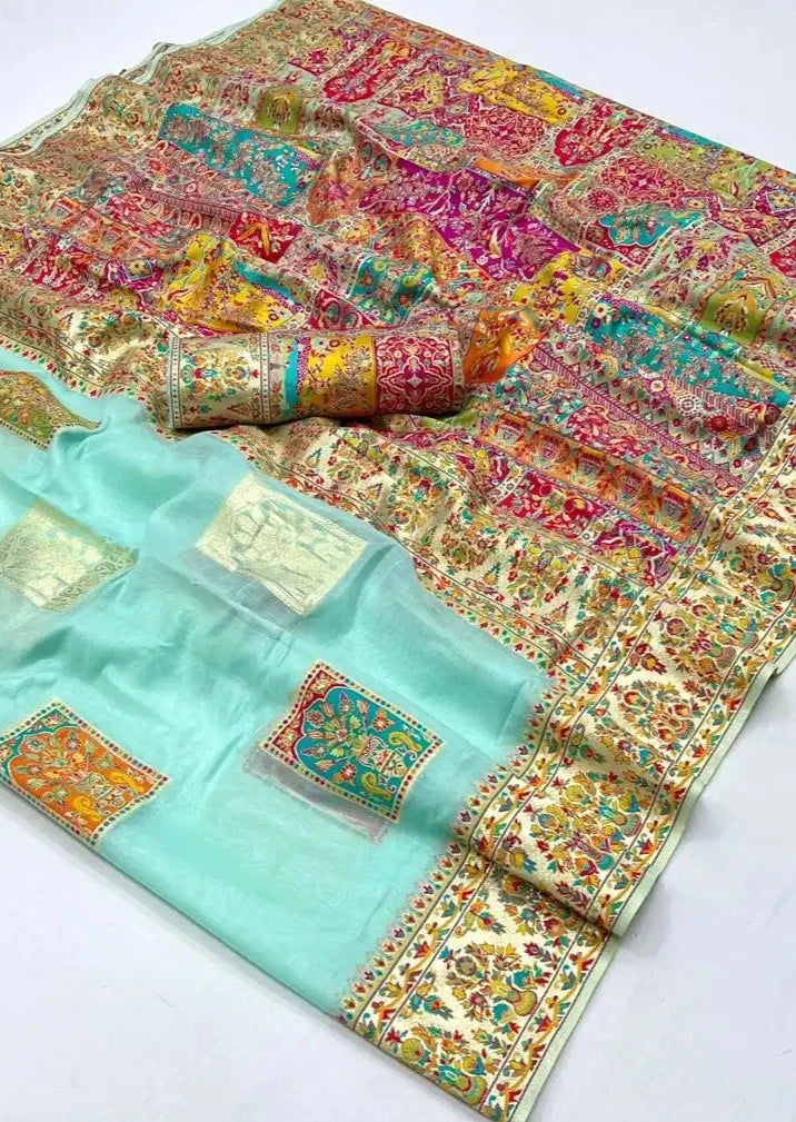 Pure handloom kashmiri luxury silk embroidered pastel blue saree online.