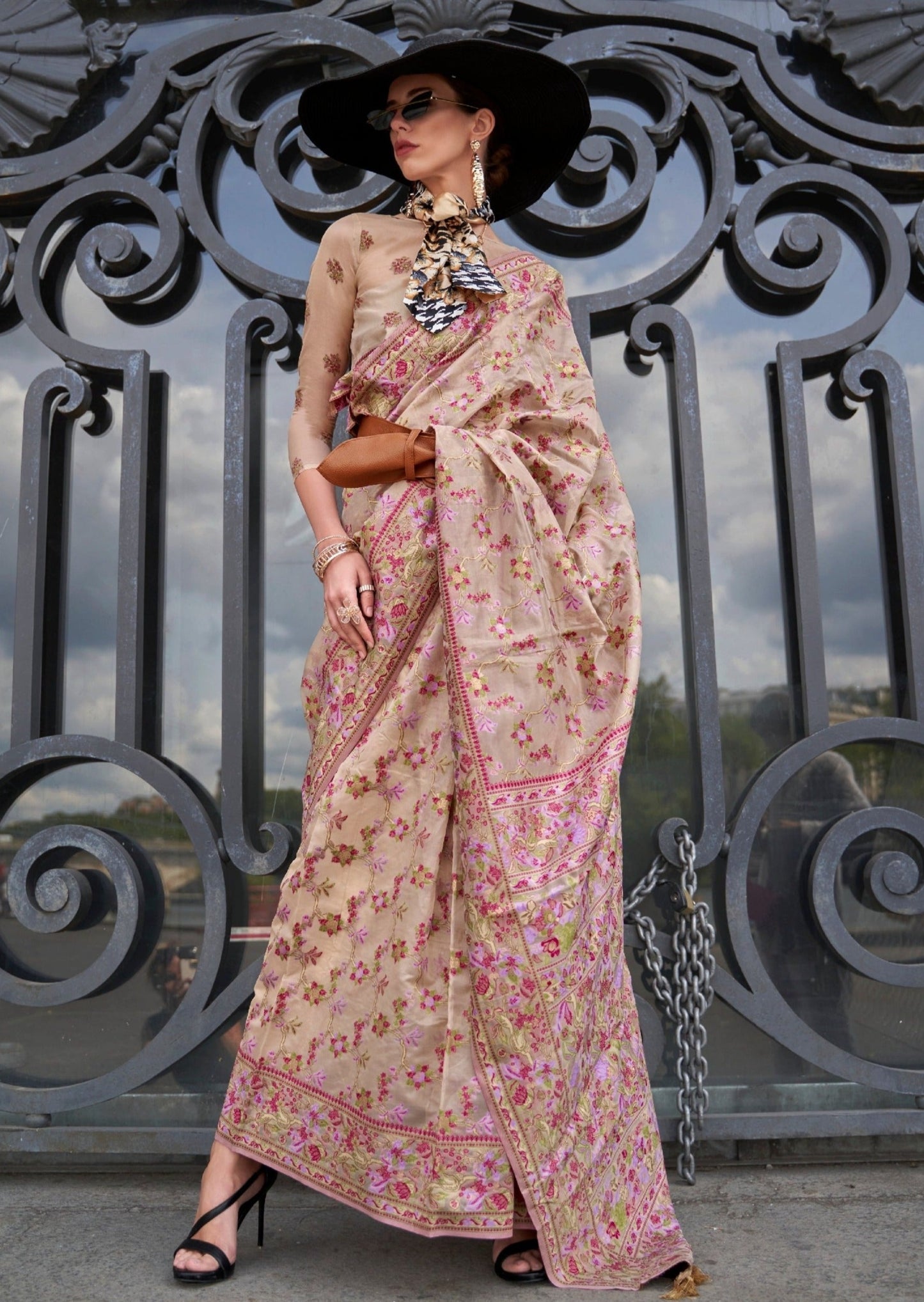 Pure handloom kashmiri organza embroidered bridal beige saree online india usa uk.