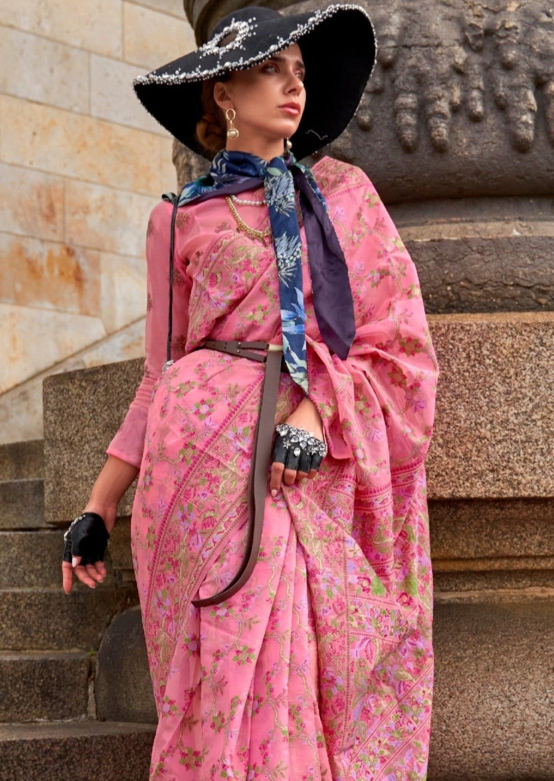 Pure handloom kashmiri organza embroidered bridal pink saree online for wedding.