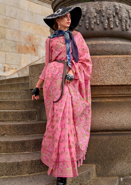 Pure handloom kashmiri organza embroidered bridal pink saree online shopping price.
