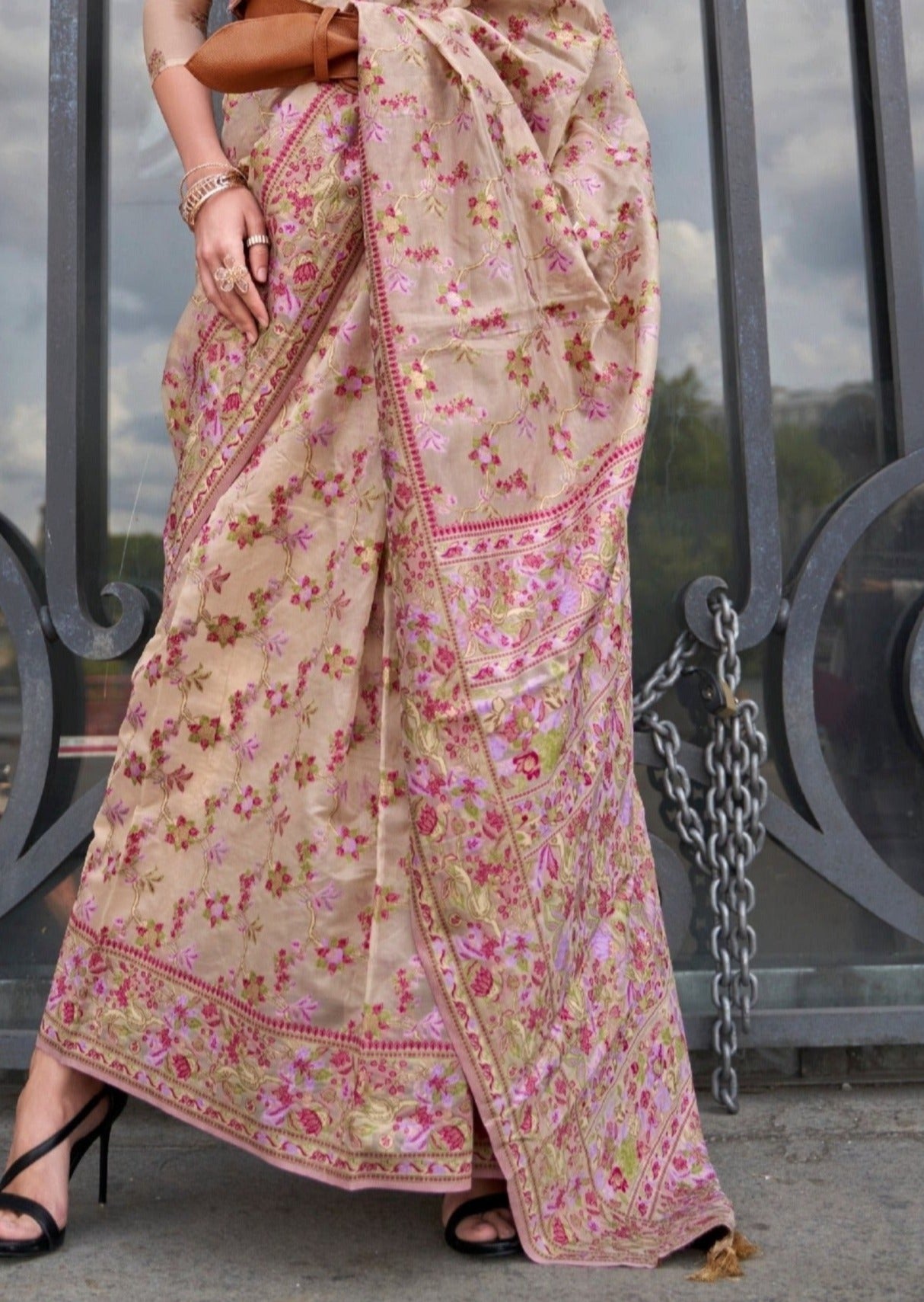 Pure handloom kashmiri organza embroidered bridal saree online india usa uk bride.