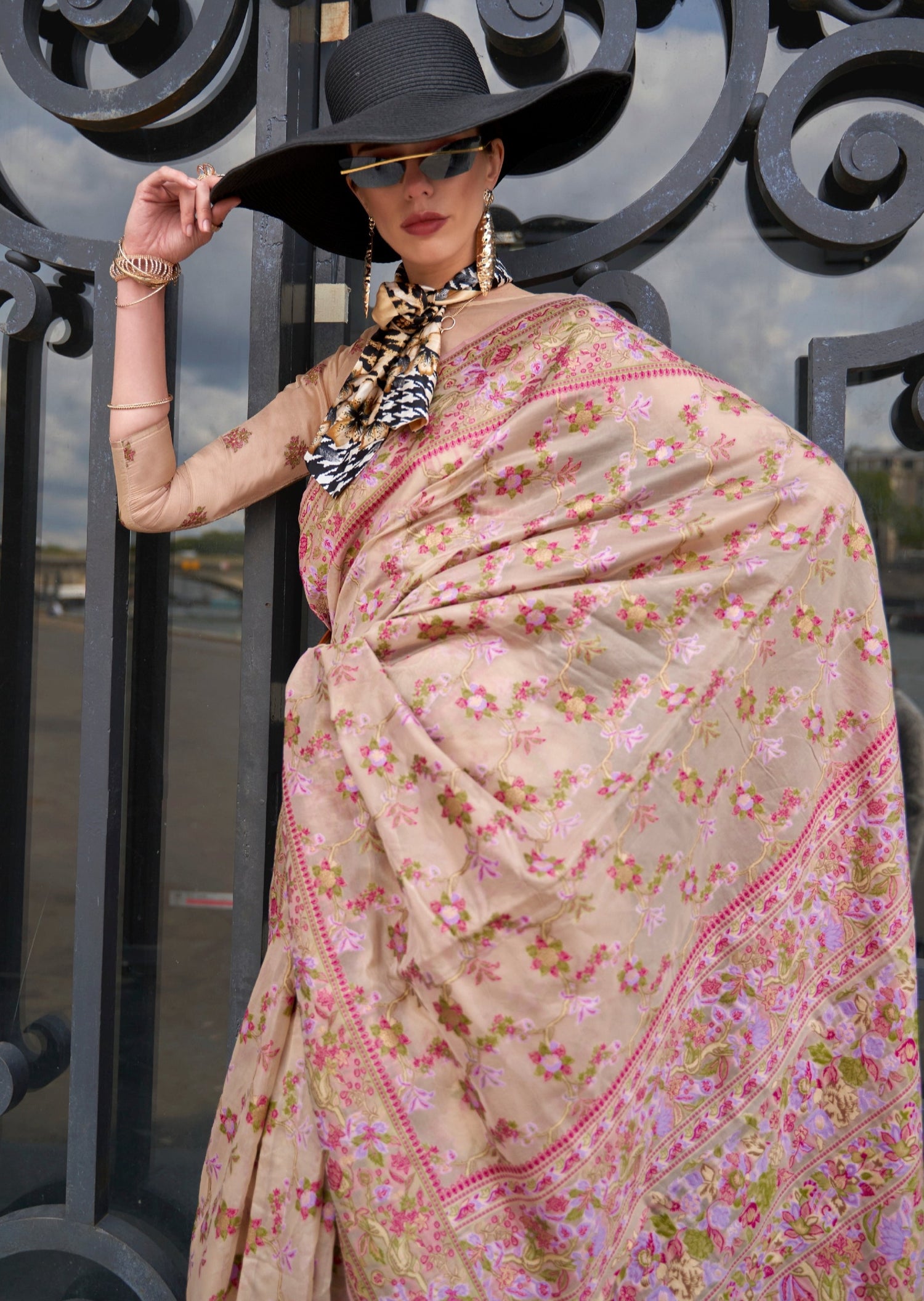 Pure handloom kashmiri organza embroidered bridal saree online india usa uk uae shop.
