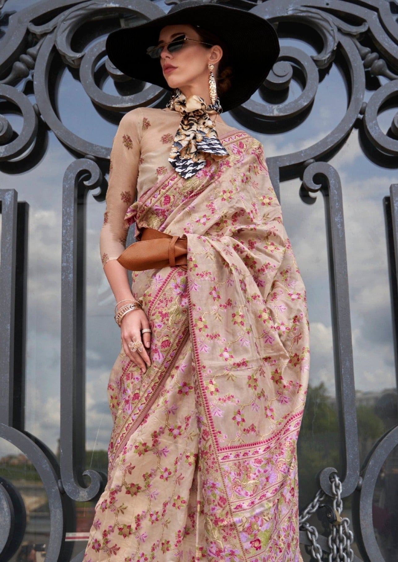 Pure handloom kashmiri organza embroidered bridal saree online india usa uk uae.