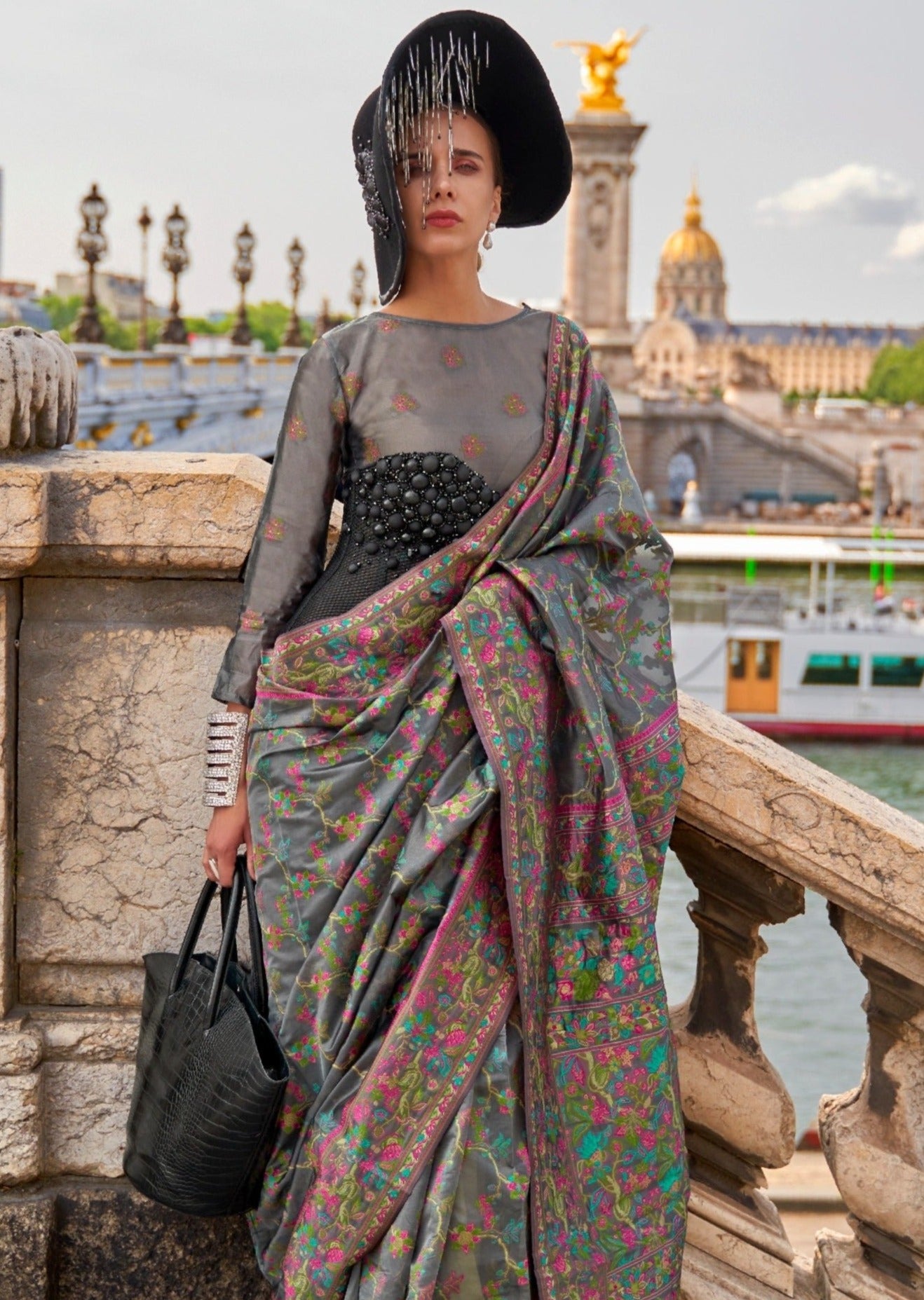 Pure handloom kashmiri organza embroidered grey saree online shopping india usa uk.