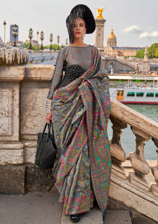 Pure handloom kashmiri organza embroidered grey saree online shopping price for bride.