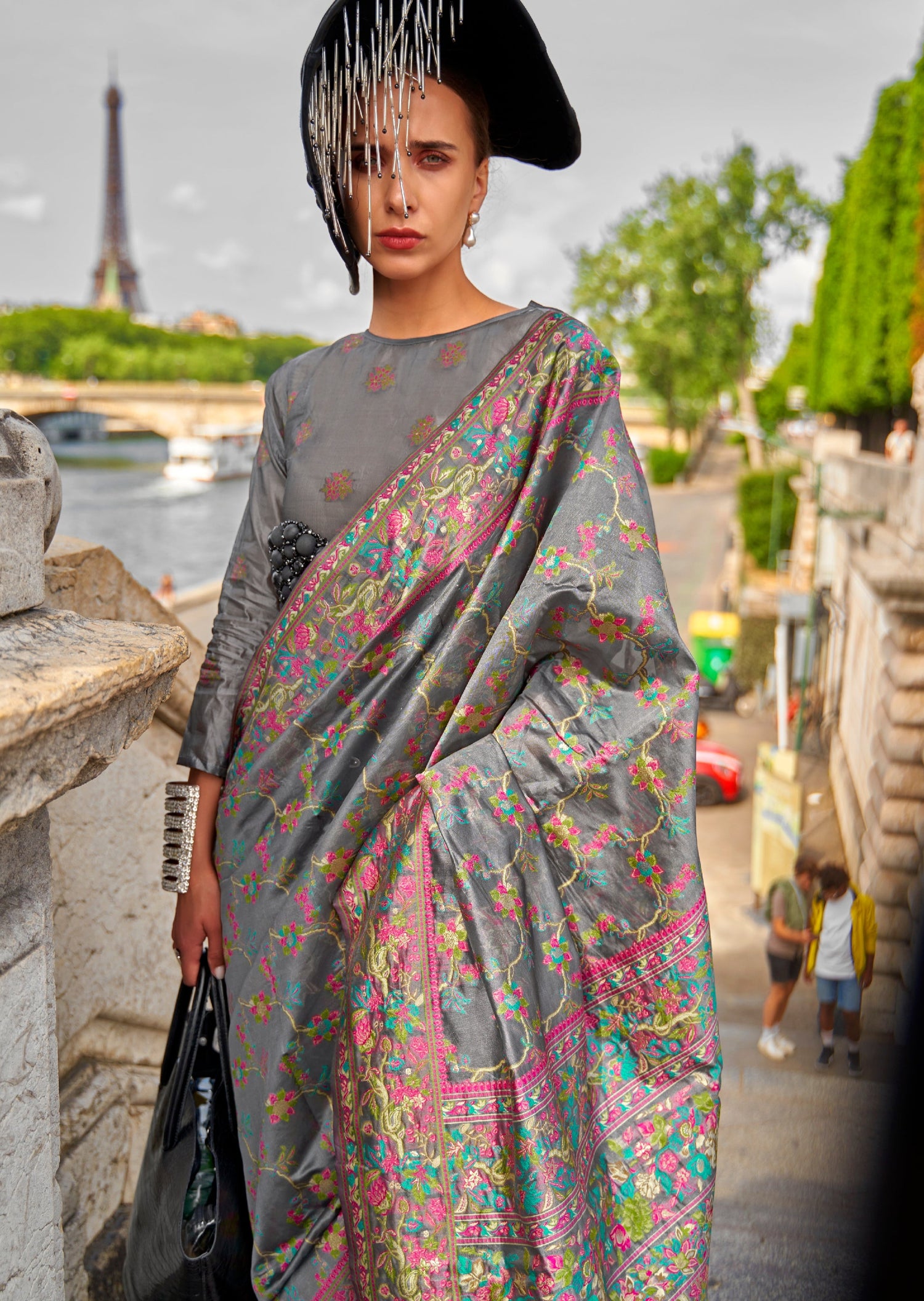 Pure handloom kashmiri organza embroidered grey saree online.