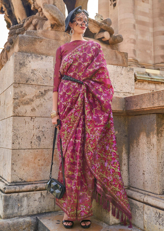 Pure handloom kashmiri organza embroidered maroon red bridal saree online usa uk.