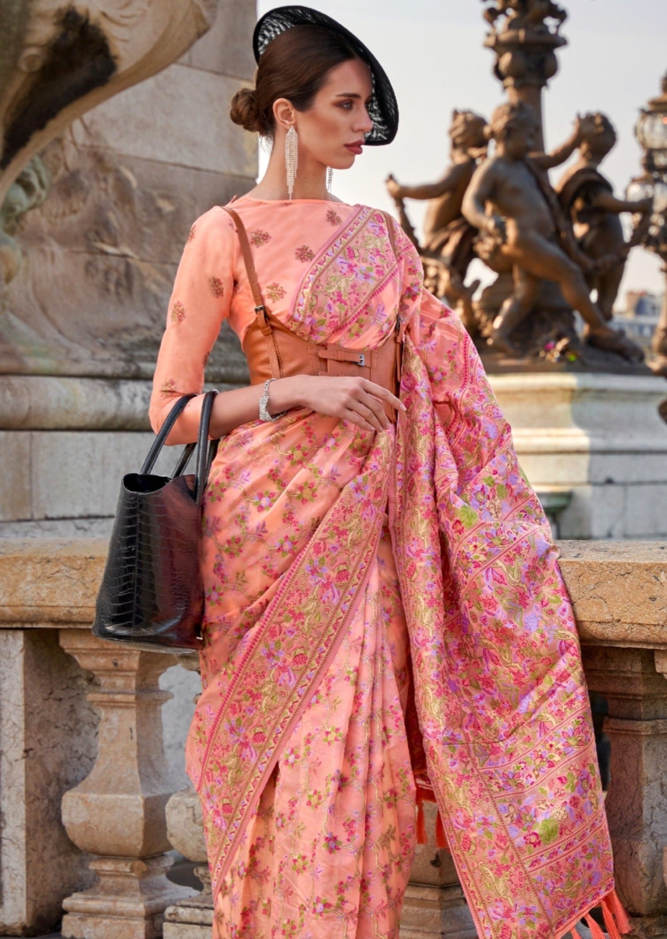 Pure handloom kashmiri organza embroidered peach saree online india usa uk price.