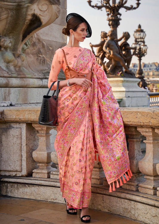 Pure handloom kashmiri organza embroidered peach saree online india usa uk uae.