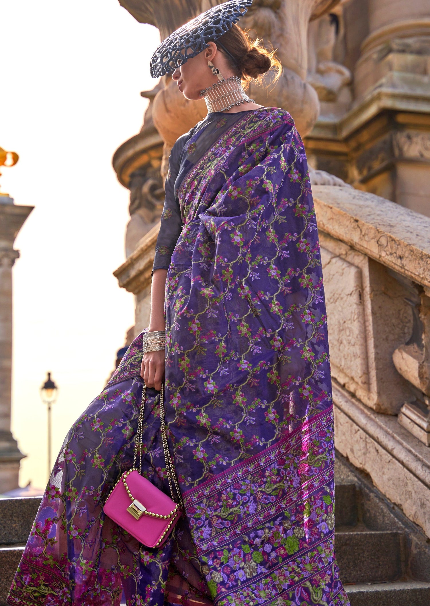 Pure handloom kashmiri organza embroidered violet purple bridal saree online uk.