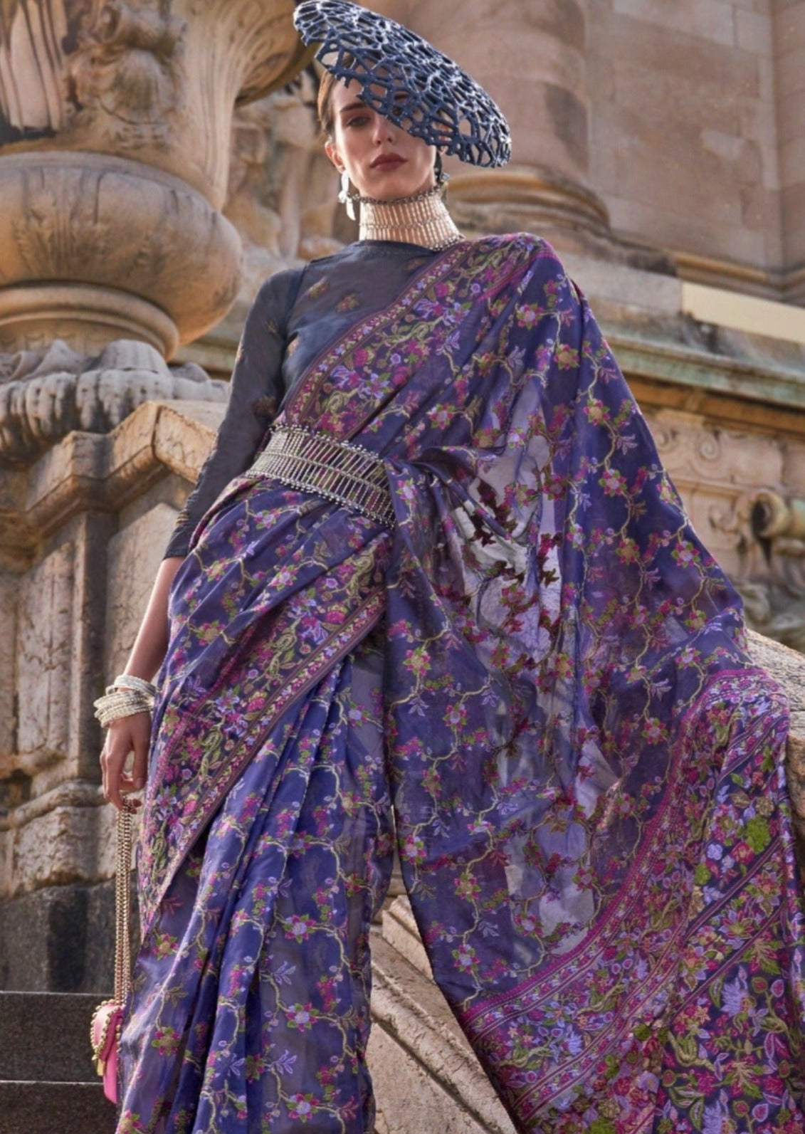 Pure handloom kashmiri organza embroidered violet purple bridal saree online usa.