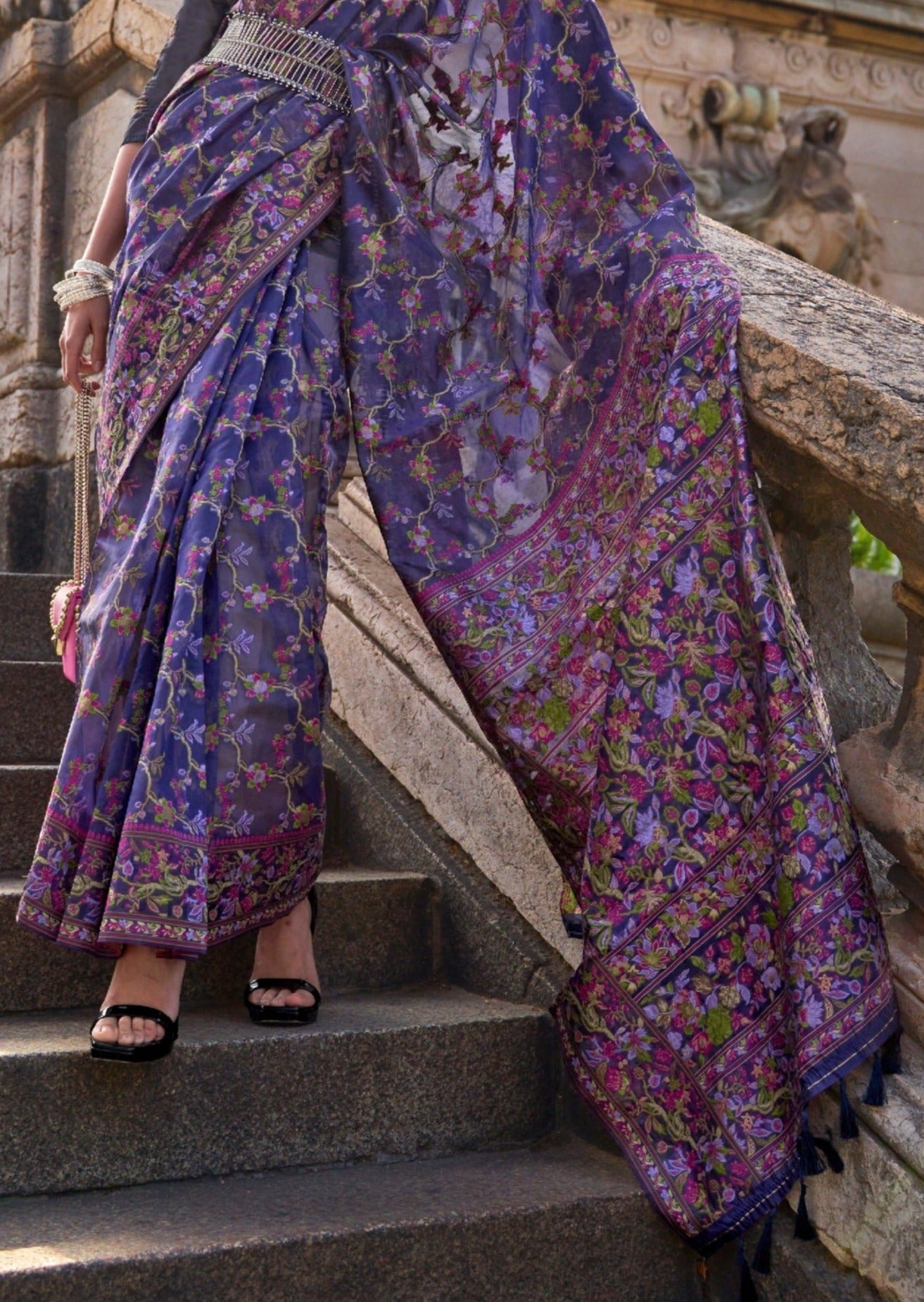 Pure handloom kashmiri organza embroidered violet purple saree online for bride uk.