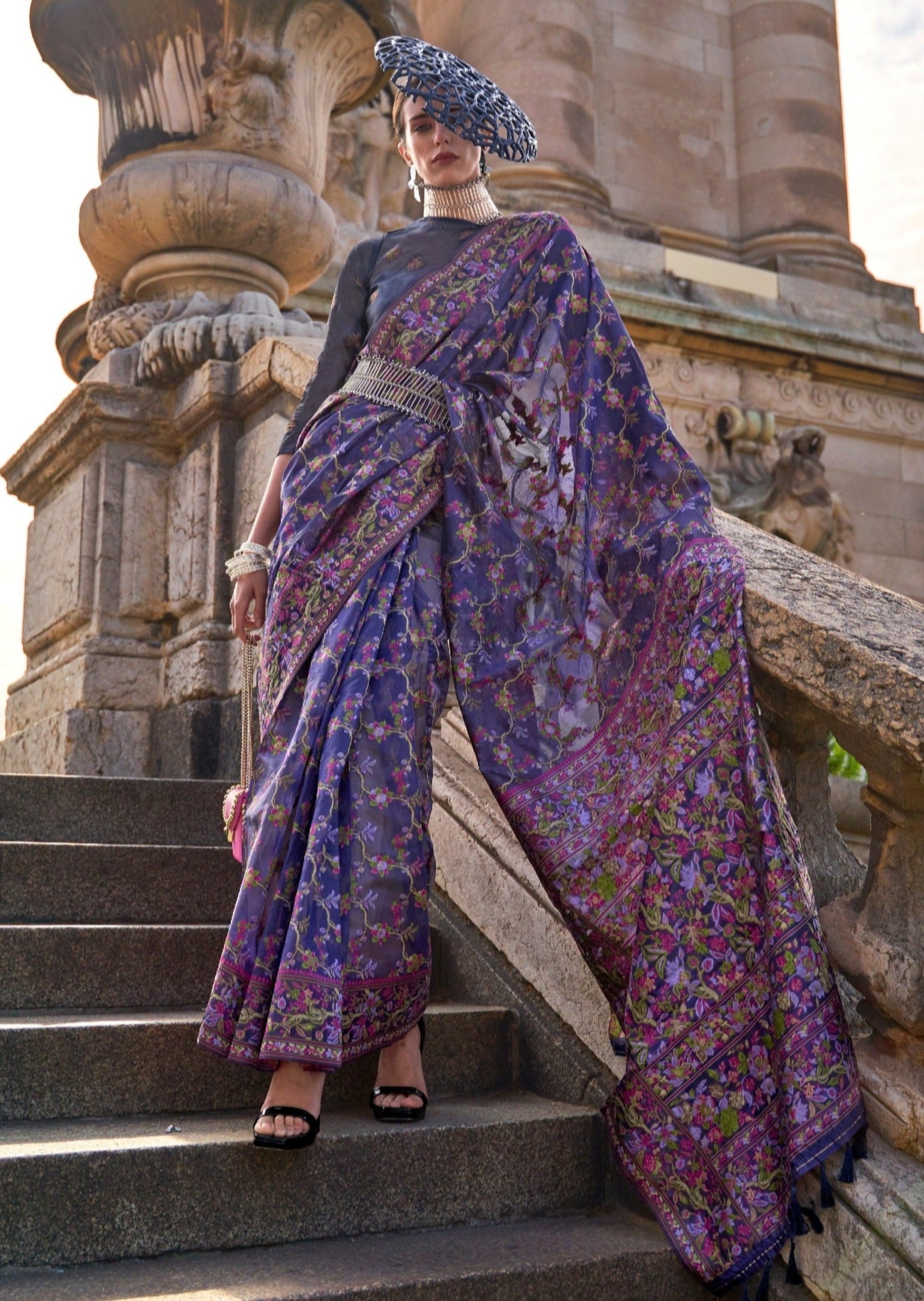 Pure handloom kashmiri organza embroidered violet purple saree online for wedding.