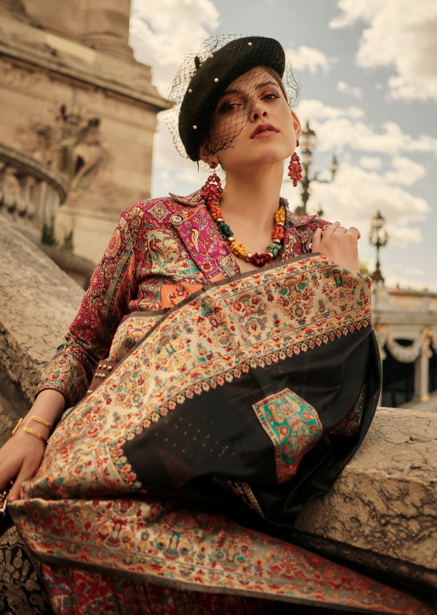 Pure handloom kashmiri silk embroidered black saree online shopping india price.