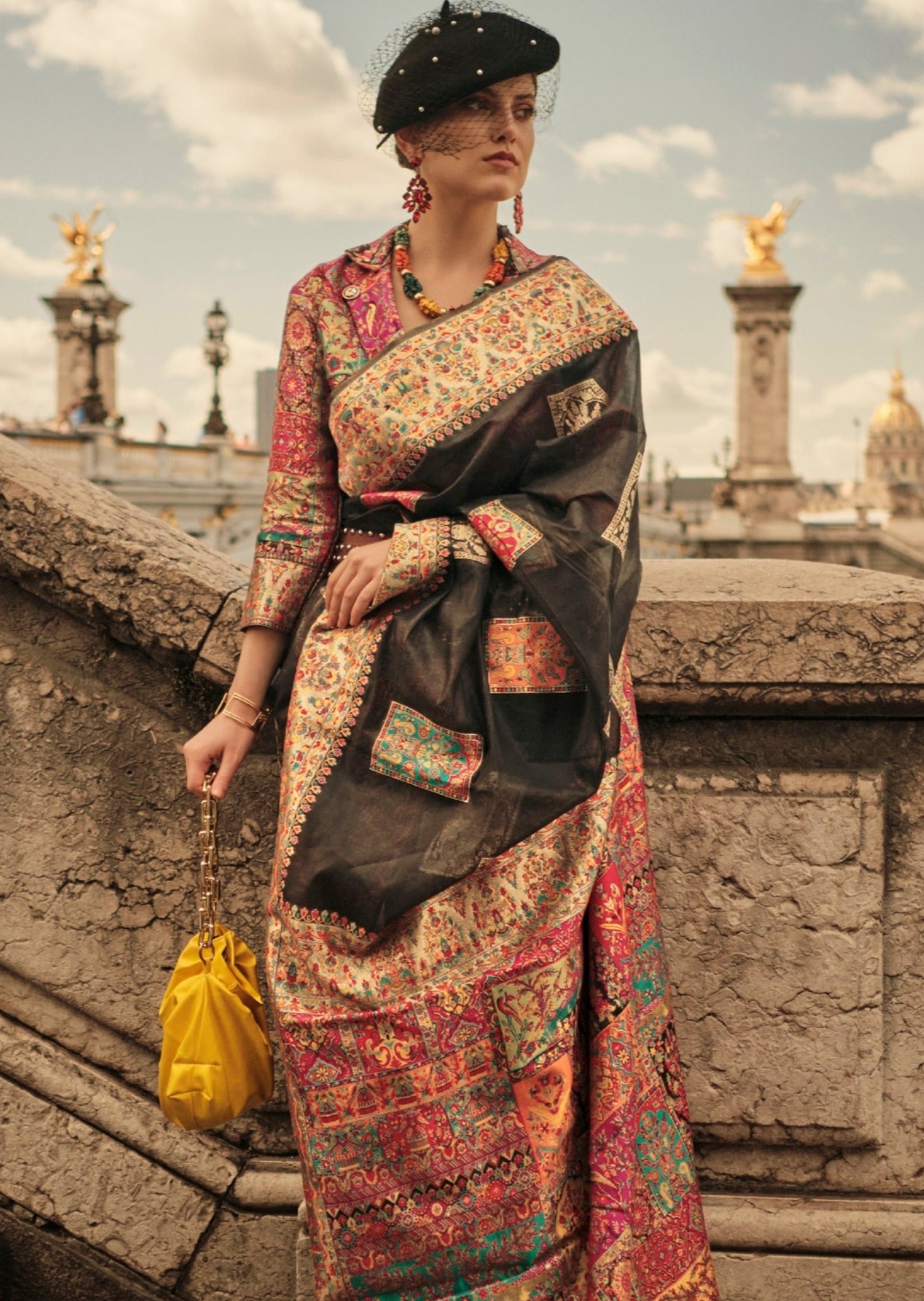 Pure handloom kashmiri silk embroidered black saree online shopping india usa uk.