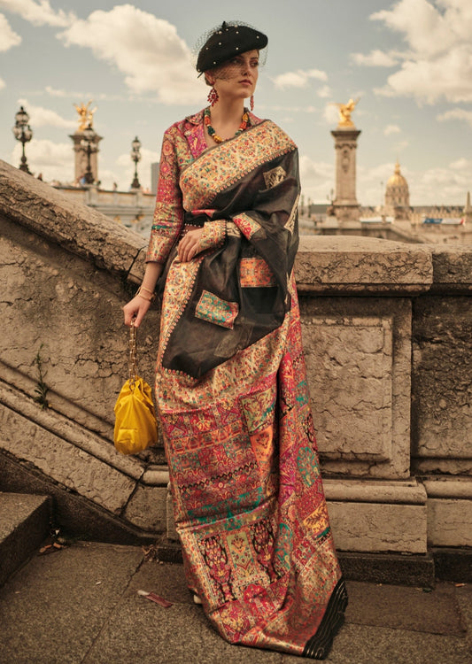 Pure handloom kashmiri silk embroidered black saree online shopping with price.