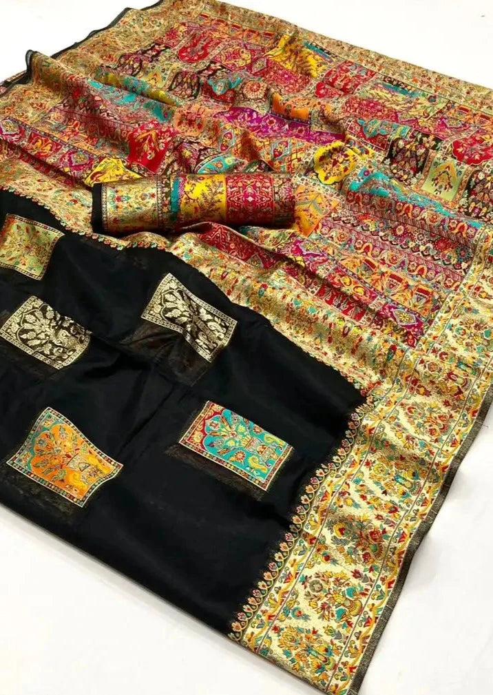 Pure handloom kashmiri silk embroidered black saree usa uk uae online.