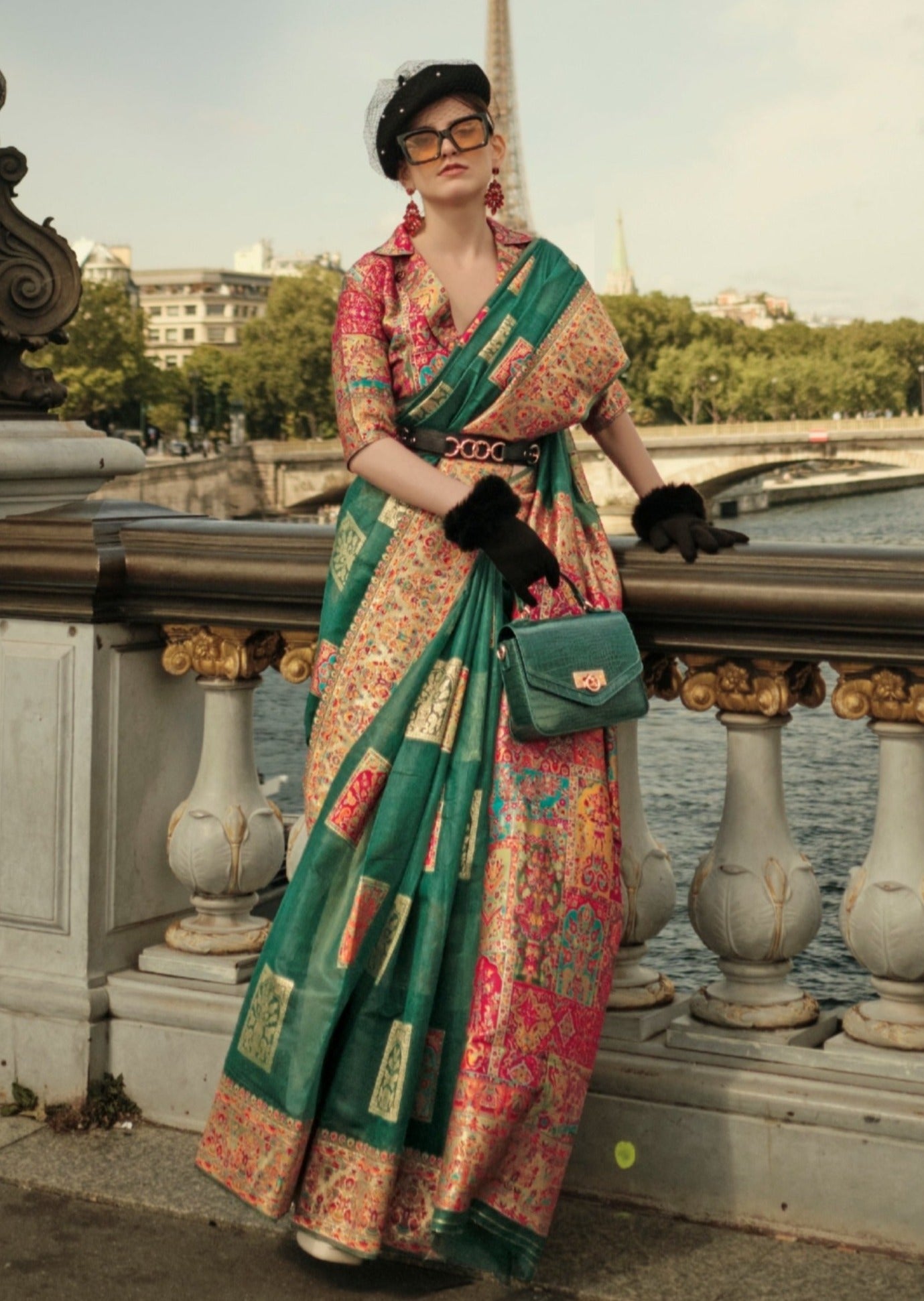 Pure handloom kashmiri silk embroidered dark green saree online.