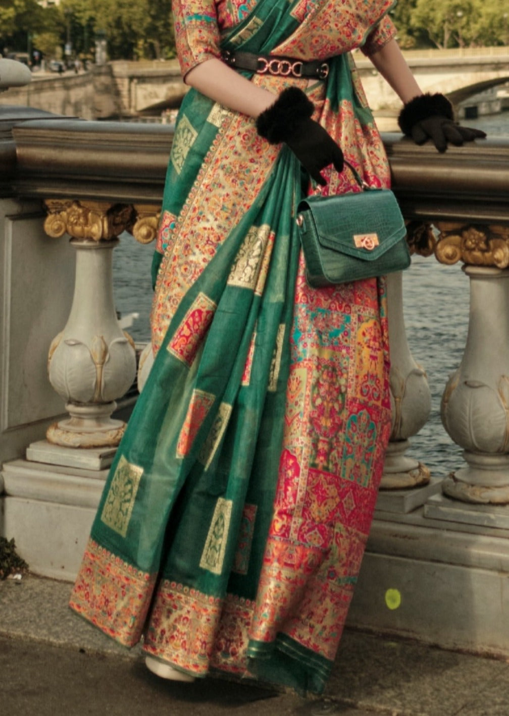 Pure handloom kashmiri silk embroidered green luxury saree online.