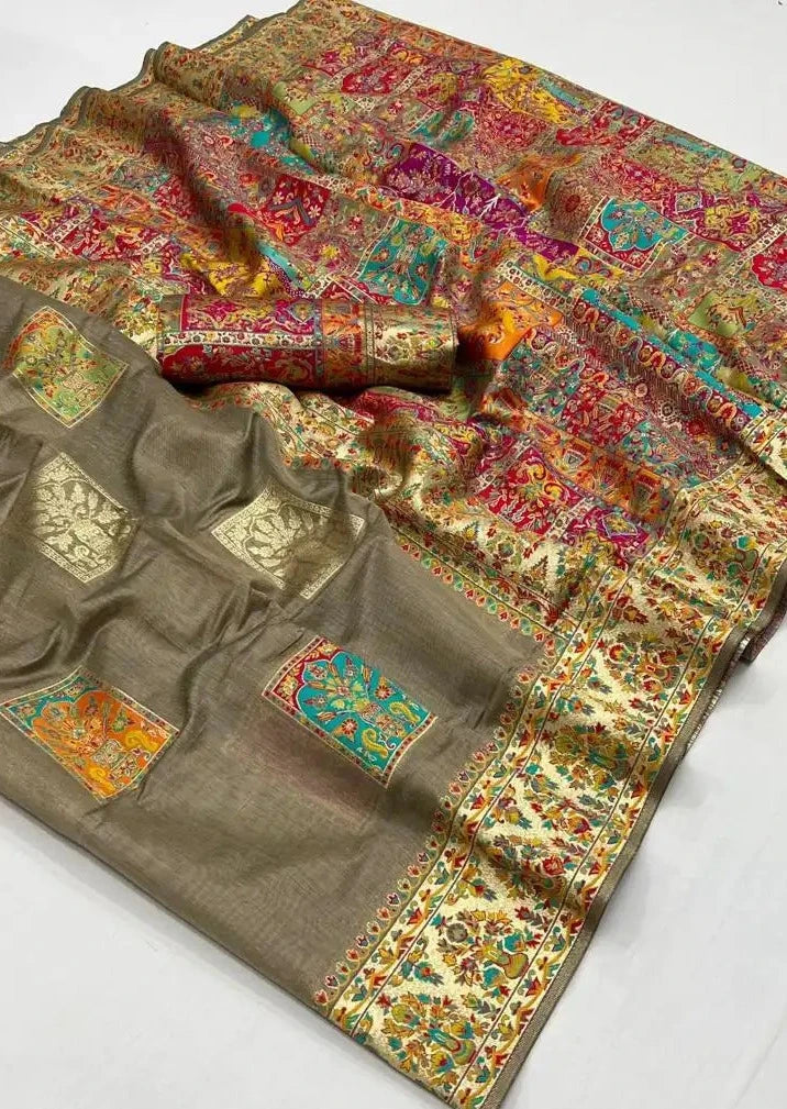 Pure handloom kashmiri silk embroidered grey saree online usa.