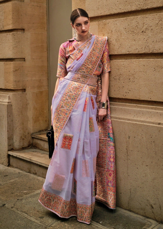 Pure handloom kashmiri silk embroidered lavender purple saree online shopping cost.