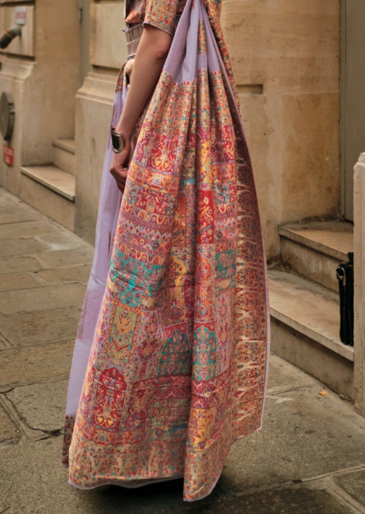Pure handloom kashmiri silk embroidered lavender purple saree online shopping uk.