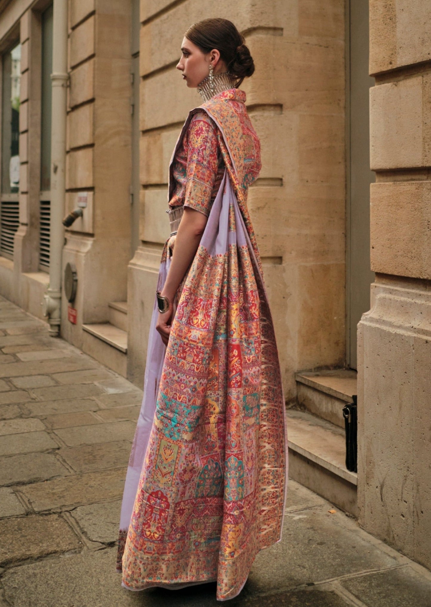 Pure handloom kashmiri silk embroidered lavender purple saree online shopping usa.