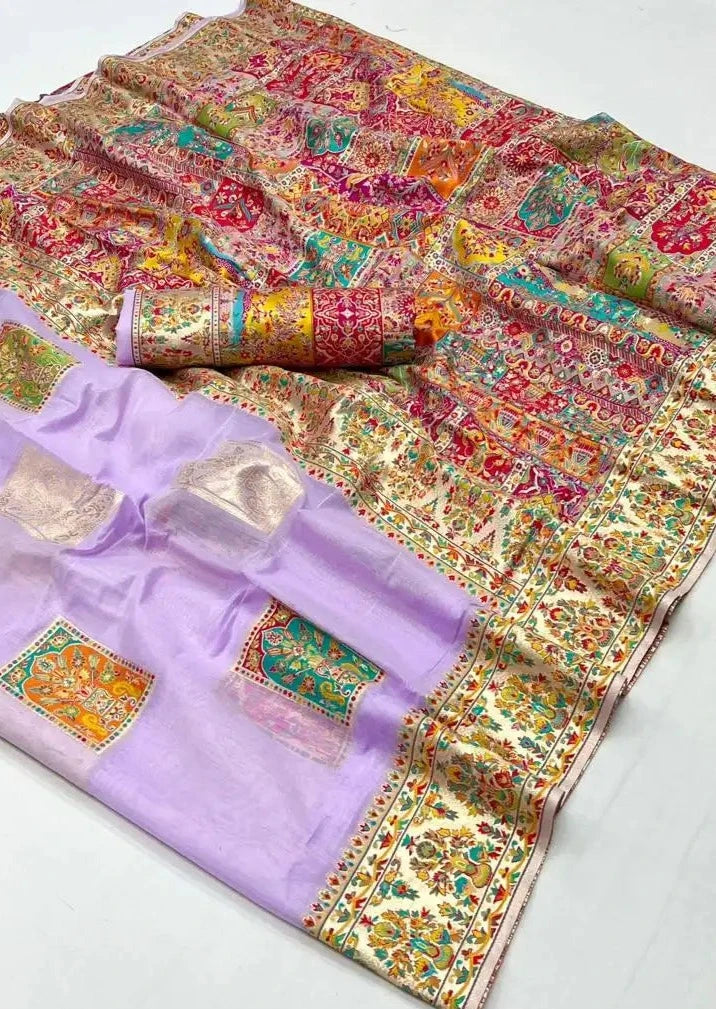 Pure handloom kashmiri silk embroidered lavender purple saree usa uk online.