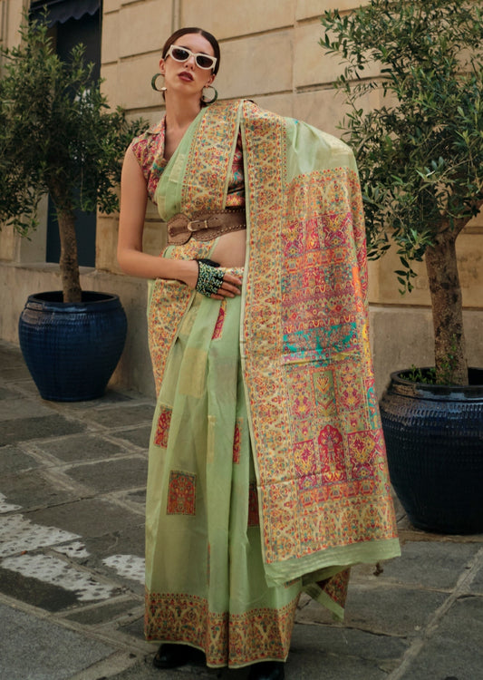 Pure handloom kashmiri silk embroidered light green saree online.