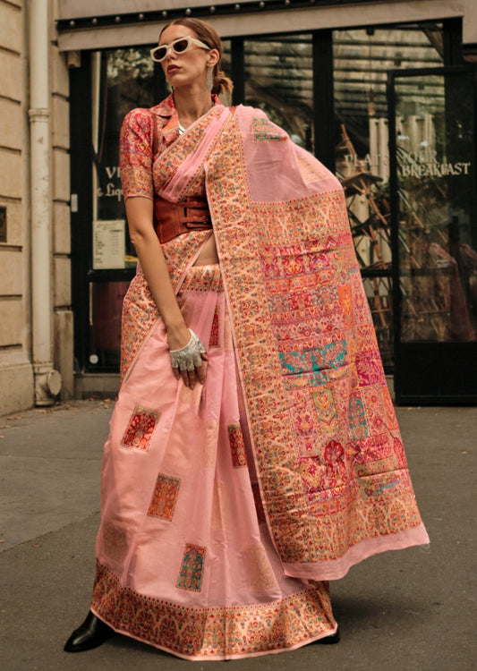 Pure handloom kashmiri silk embroidered peach saree usa uk uae online.