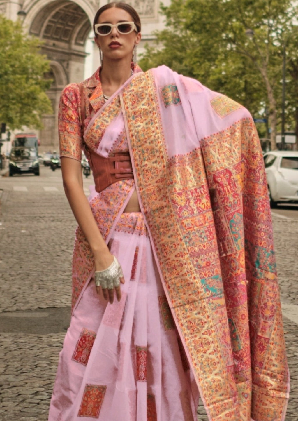 Pure handloom kashmiri silk embroidered pink saree online india usa at fast delivery.