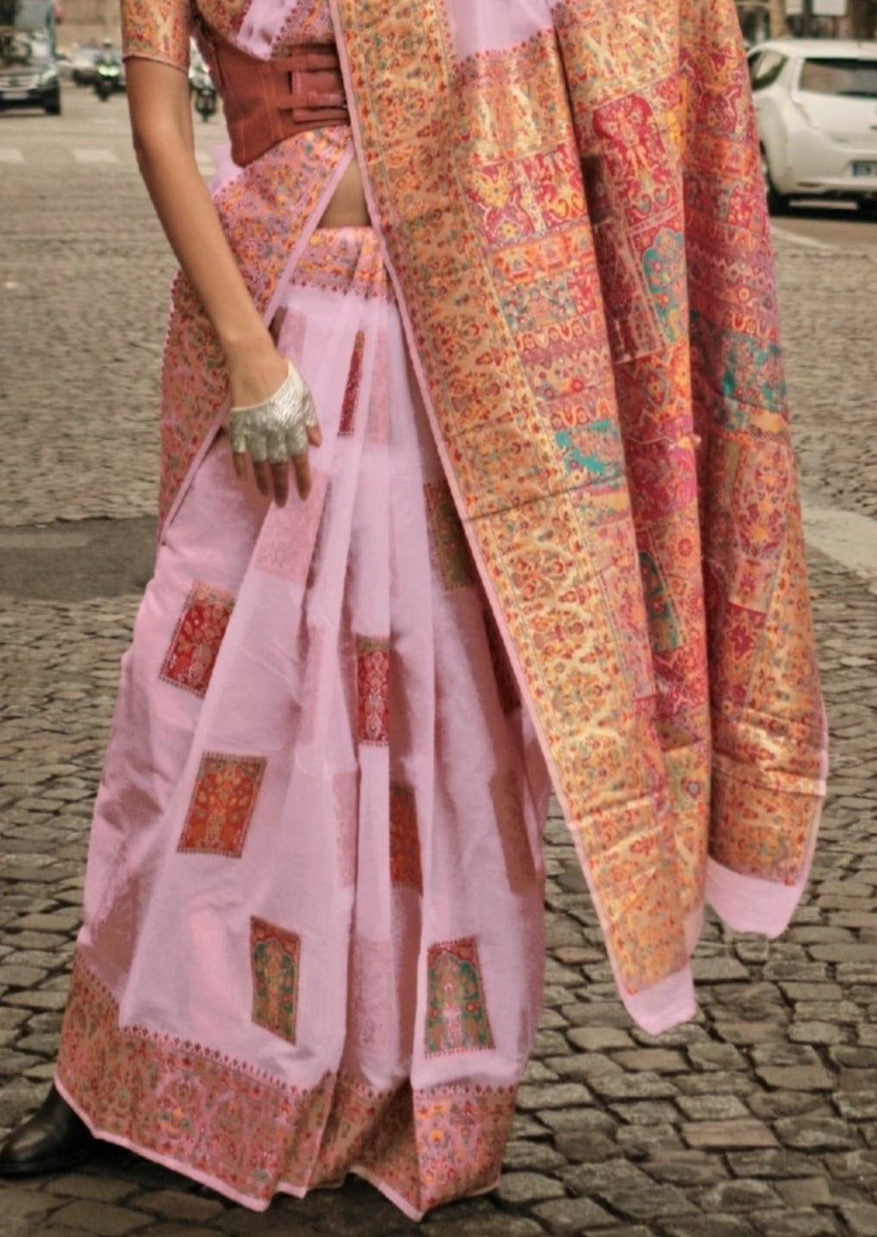 Pure handloom kashmiri silk embroidered pink saree online india usa uk for bride.