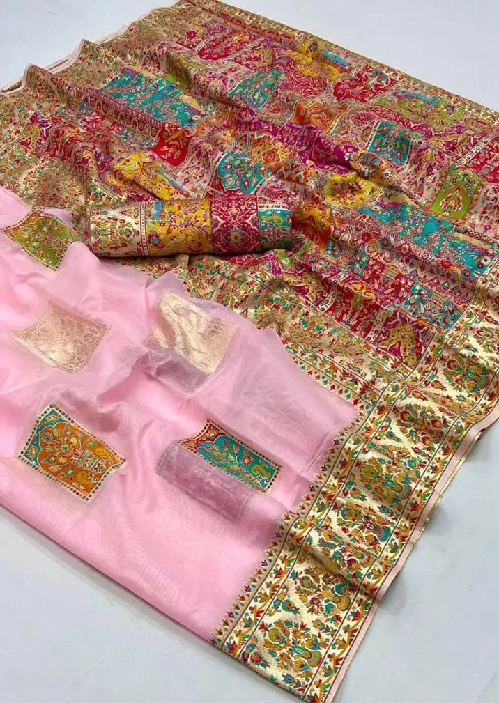 Pure handloom kashmiri silk embroidered pink saree usa uk online.
