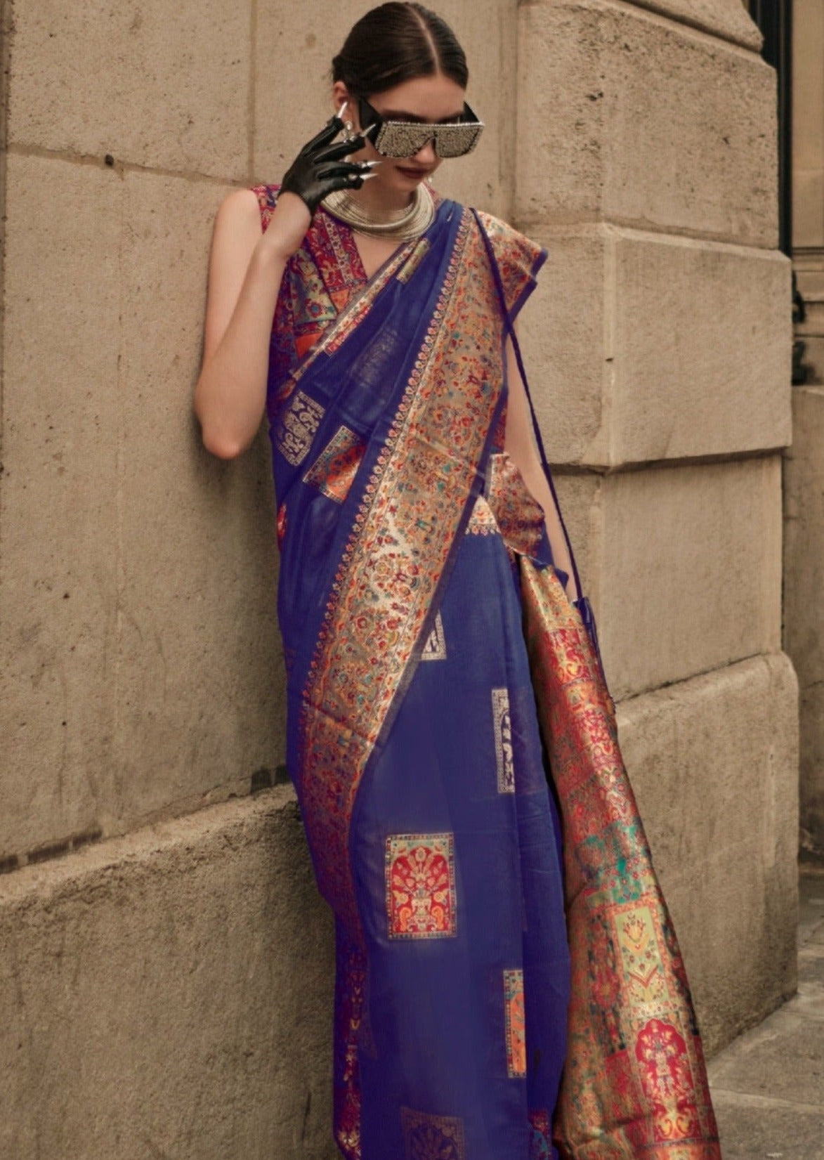 Pure handloom kashmiri silk embroidered royal blue bridal saree online for wedding.