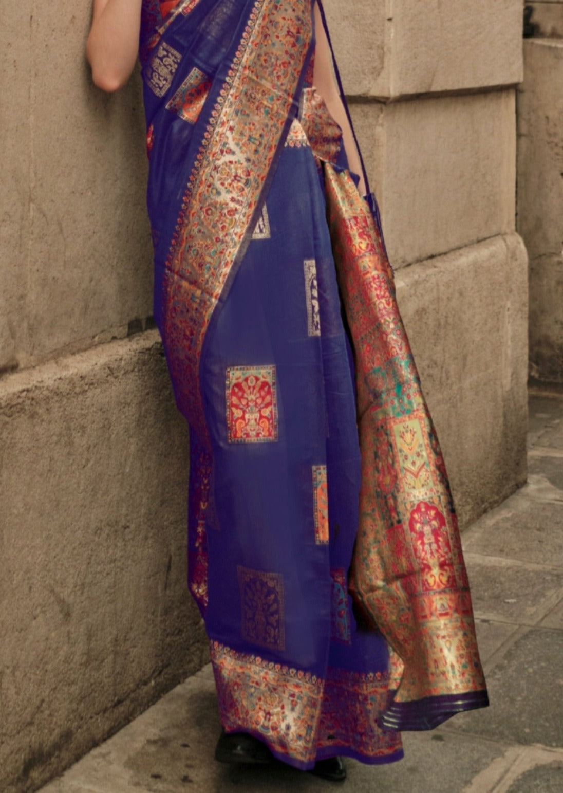 Pure handloom kashmiri silk embroidered royal blue bridal saree online.